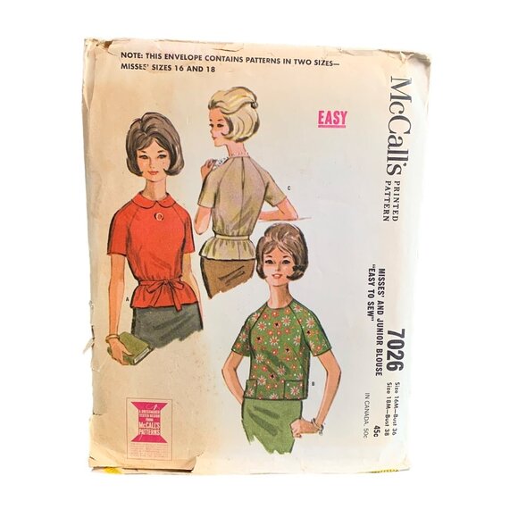 McCalls 7026 Vintage Sewing Pattern Easy Misses Shirt Size 16-18 - Picture 1 of 2